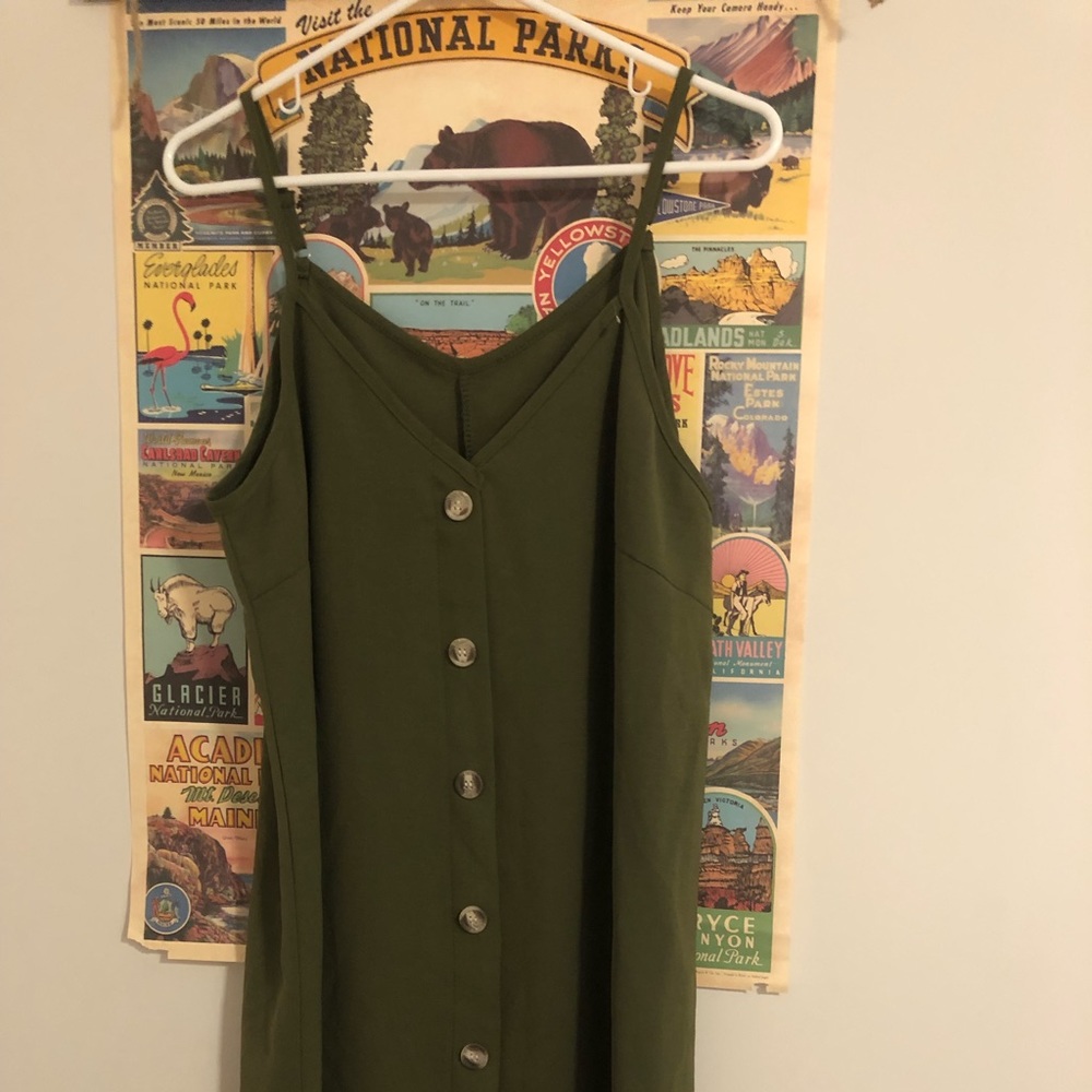 Green spaghetti strap short dress! Button up